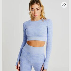 AYBL Empower Blue Camo Seamless Long Sleeve Crop Top - Size Large